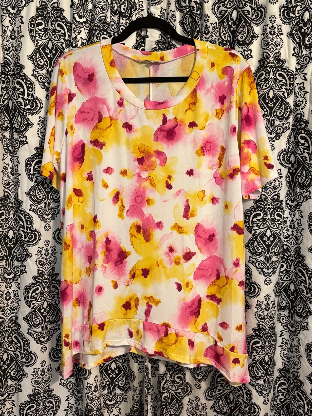 NEW White Birch Knit Top with Handkerchief Hem and Vibrant Pink & Yellow Floral